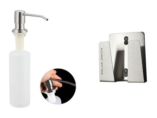 Dispenser Dosador Kitchen Para Bancada 300ml + Porta Esponja Mini Inox 304 Com Ventosa