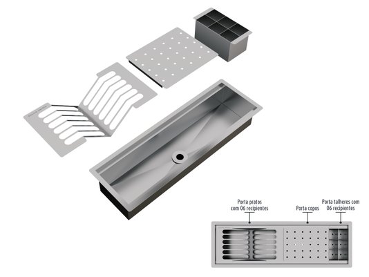 Calha Úmida Canal Equipado Completo Sobrepor Inox Kitchen 3 Módulos 60cm