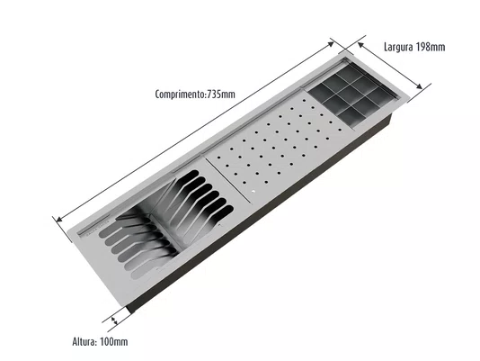 Escorredor Equipado Inox Calha Úmida Sobrepor Kitchen 3 Módulos 73,5cm