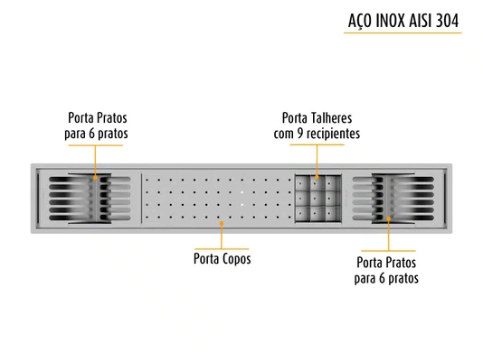 Canal Equipado Inox Calha Úmida Sobrepor Kitchen 4 Módulos 118cm