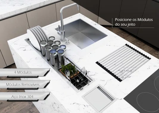 Canal Equipado Inox Completo Calha Úmida Sobrepor Kitchen 4 Módulos 90cm PH 16,6cm