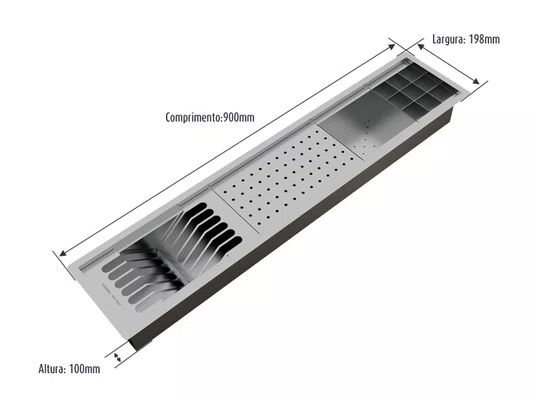 Canal Equipado Inox Completo Calha Úmida Sobrepor Kitchen 4 Módulos 90cm PH 16,6cm