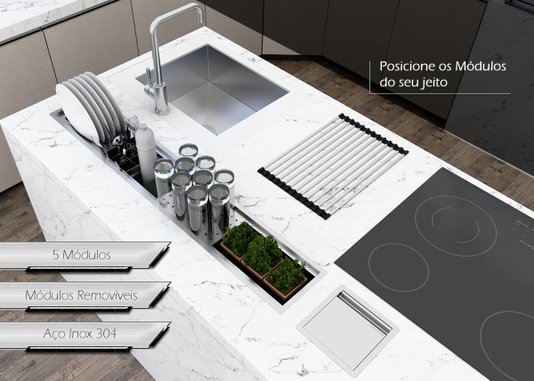 Canal Escorredor Louça Sobrepor Calha Úmida Embutido Kitchen 5 Módulos 118cm PH