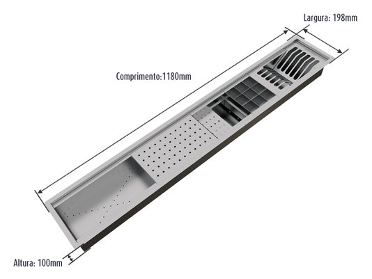 Canal Escorredor Louça Sobrepor Calha Úmida Embutido Kitchen 5 Módulos 118cm PH