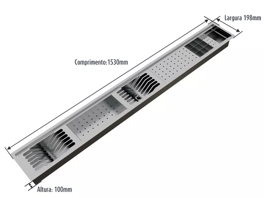 Calha Úmida Canal Organizador Inox Sobrepor Kitchen 6 Módulos 153cm