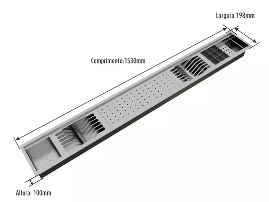 Escorredor Louça Inox Sobrepor Calha Úmida Kitchen 6 Módulos 153cm PH 13cm
