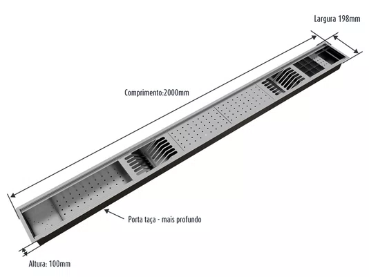 Canal Organizador Inox Cozinha Calha Úmida Kitchen 8 Módulos 200cm