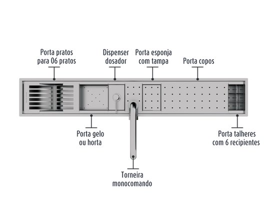 Canal Organizador Calha Úmida Com Torneira Inox Kitchen Exclusive 7 Módulos 118cm
