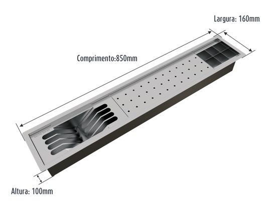Calha Úmida Escorredor Embutido Inox Sobrepor Slim 3 Módulos 85cm