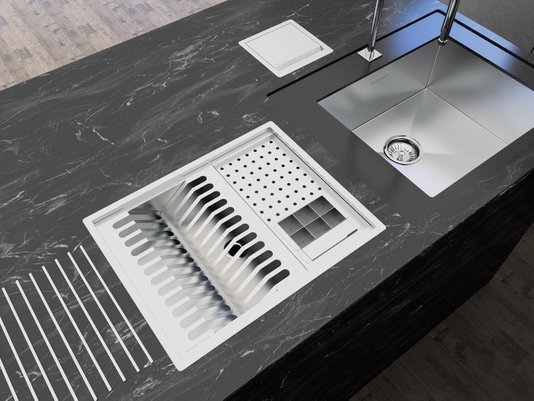 Cuba Kit Escorredor Louça Embutido Calha Úmida Sobrepor Inox Quadratta 4 Módulos PE
