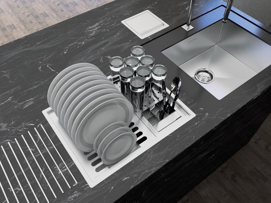 Cuba Kit Escorredor Louça Embutido Calha Úmida Sobrepor Inox Quadratta 4 Módulos PE