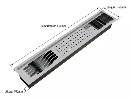 Calha Úmida Canal Escorredor Sobrepor Inox Cozinha Slim 4 Módulos 85cm