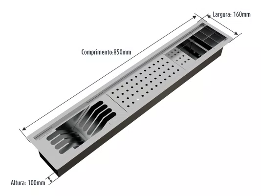 Canal Escorredor Cozinha Inox Sobrepor Calha Úmida Slim 4 Módulos 85cm PEDT