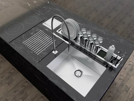 Canal Escorredor Cozinha Inox Sobrepor Calha Úmida Slim 4 Módulos 85cm PEDT