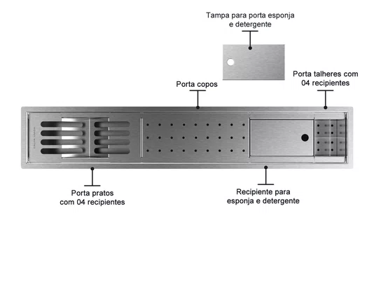 Canal Escorredor Cozinha Inox Sobrepor Calha Úmida Slim 4 Módulos 85cm PEDT