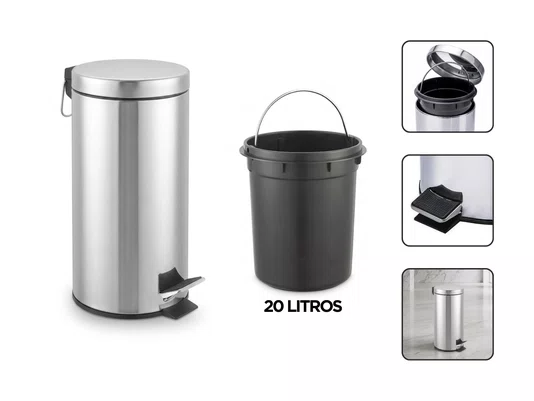 Lixeira Inox 20L com Pedal e Cesto Interno para Cozinha e Área Comum