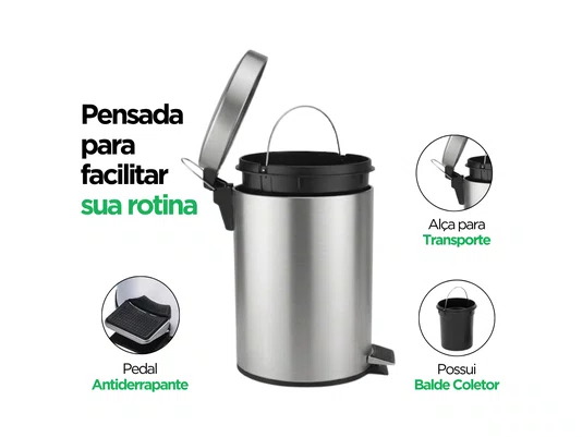 Lixeira Inox 20L com Pedal e Cesto Interno para Cozinha e Área Comum