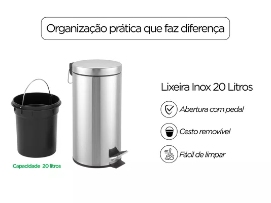 Lixeira Inox 20L com Pedal e Cesto Interno para Cozinha e Área Comum