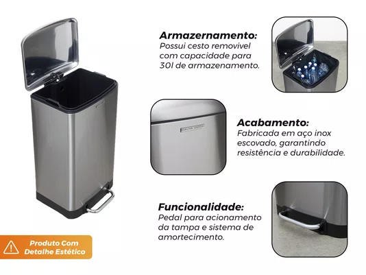 Lixeira Inox 30L Nobille Pedal Reforçado Com Amortecedor (Outlet)