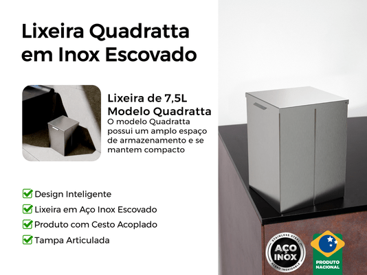Lixeira Inox Quadratta 7,5l Calha Úmida Com Tampa Articulada Escovada