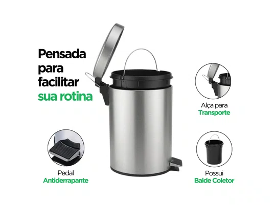 Lixeira Inox 3L com Pedal e Cesto Interno Banheiro e Cozinha