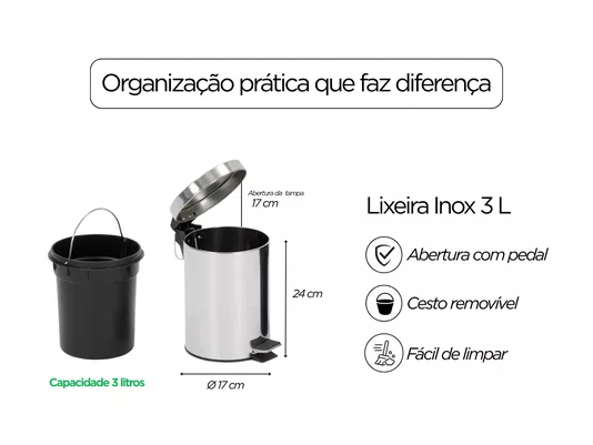 Lixeira Inox 3L com Pedal e Cesto Interno Banheiro e Cozinha