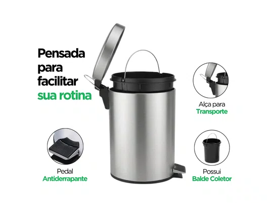 Lixeira Inox 8L com Pedal e Cesto Interno para Cozinha e Escritório