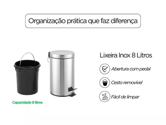 Lixeira Inox 8L com Pedal e Cesto Interno para Cozinha e Escritório