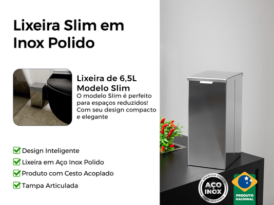 Lixeira Inox Slim 6,5l Calha Úmida Com Tampa Articulada Polida