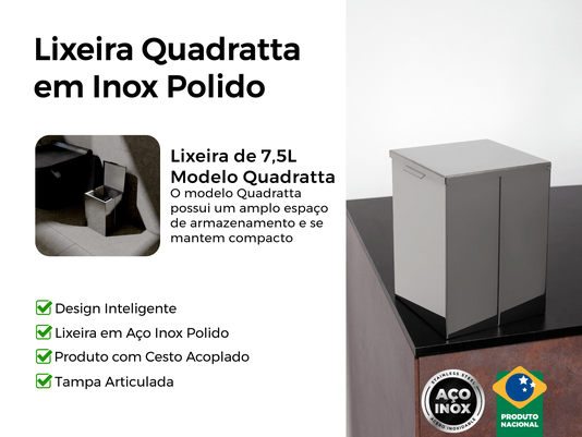 Lixeira Inox Quadratta 7,5l Calha Úmida Com Tampa Articulada Polida