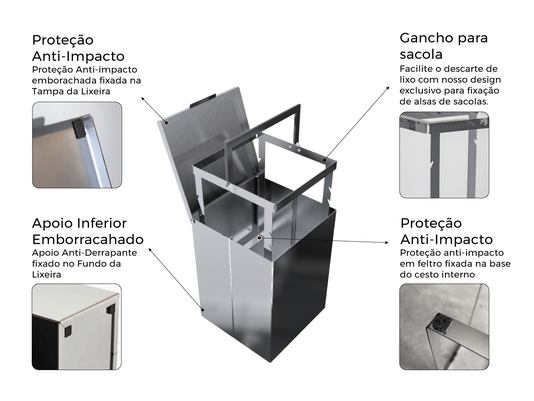 Lixeira Inox Quadratta 7,5l Calha Úmida Com Tampa Articulada Polida