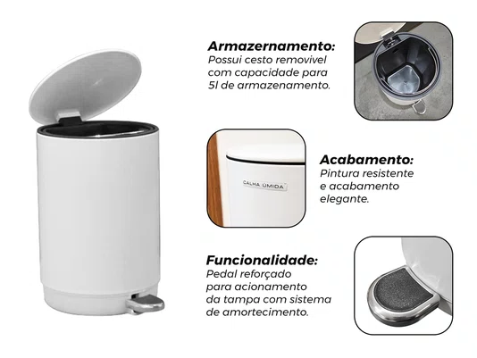 Lixeira Cozinha Escritório 5l Branca Pedal Com Amortecimento
