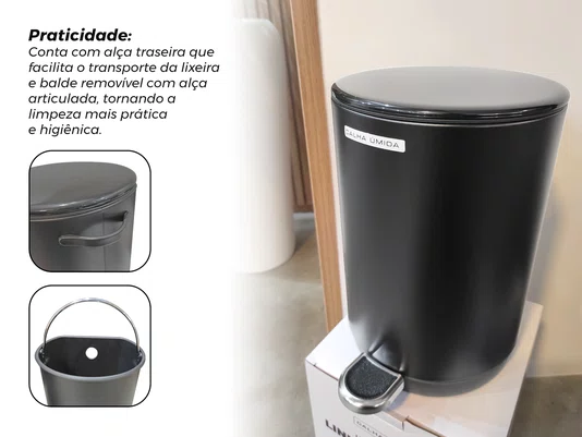 Lixeira Metal Linius Essence 5l Preta Pedal Com Amortecedor