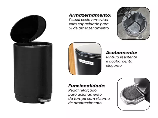 Lixeira Metal Linius Essence 5l Preta Pedal Com Amortecedor