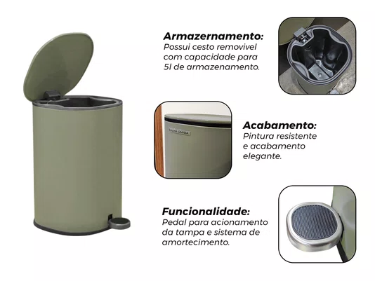 Lixeira Metal Linius Serenity 5L Cor Verde Sage e Pedal Com Amortecimento