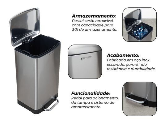 Lixeira Nobille 30L Com Pedal e Sistema de Amortecimento Para Tampa Em Aço Inox Escovado