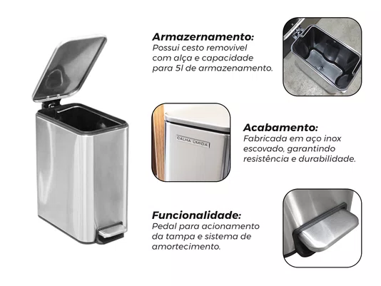 Lixeira Linius Inox Escovado 5L Pedal e Tampa com Amortecimento
