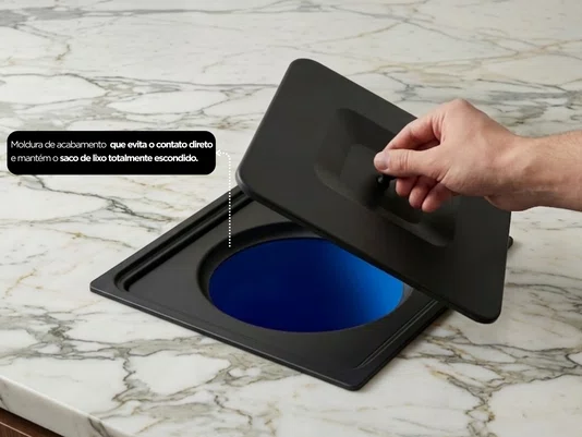 Lixeira Quadrada de Bancada Inox Preta Pia Cozinha 5L Com Balde Plástico Embutir