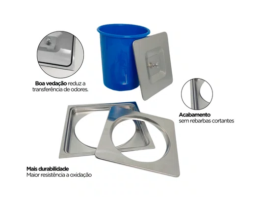 Lixeira Quadrada de Embutir Pia E Bancada Aço Inox 5L Com Balde Plástico Removível