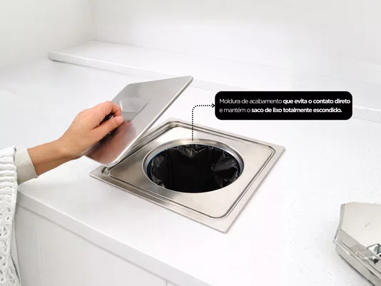 Lixeira Quadrada de Embutir Pia E Bancada Aço Inox 5L Com Balde Plástico Removível
