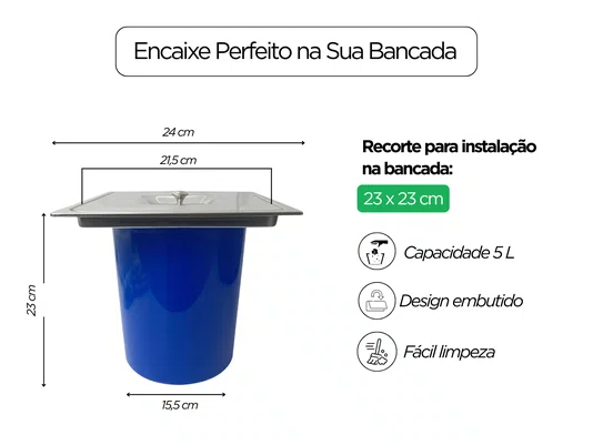 Lixeira Quadrada de Embutir Pia E Bancada Aço Inox 5L Com Balde Plástico Removível