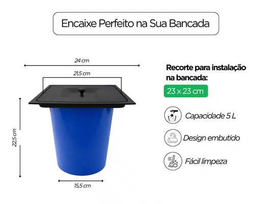 Lixeira Quadrada de Bancada Inox Preta Pia Cozinha 5L Com Balde Plástico Embutir