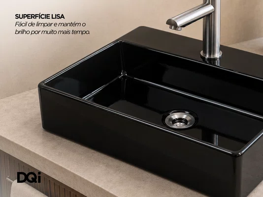 Cuba de Sobrepor para Banheiro Cerâmica Preta 52x36cm com Furação para Torneira