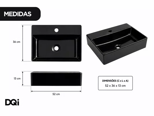 Cuba de Sobrepor para Banheiro Cerâmica Preta 52x36cm com Furação para Torneira
