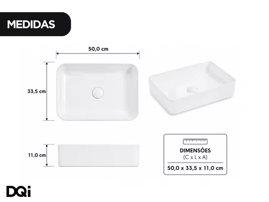 Cuba Retangular de Apoio para Banheiro Cerâmica Branca 50x33