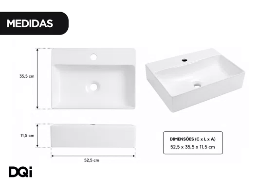 Cuba de Sobrepor para Banheiro Lavabo Cerâmica Branca 52x36cm com Furação para Torneira