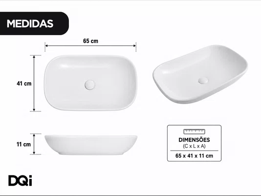 Cuba de Apoio para Banheiro Lavabo Retangular Cerâmica Branca Fosca 65x41cm