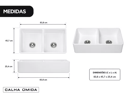 Cuba Dupla em Cerâmica Branca para Cozinha 83,8x45,7cm com Acessórios