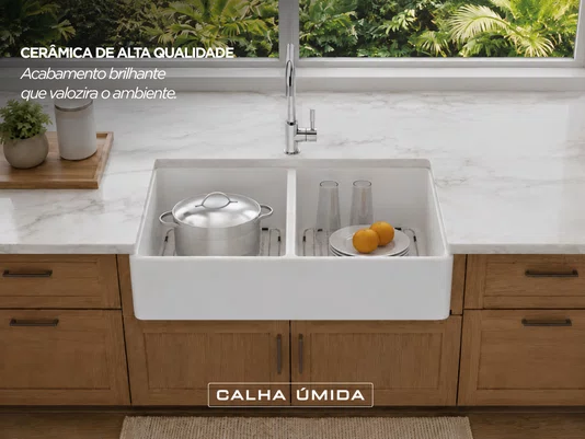 Cuba Dupla em Cerâmica Branca para Cozinha 83,8x45,7cm com Acessórios