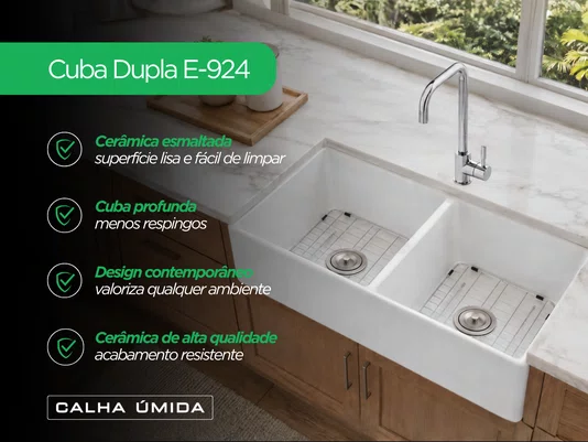 Cuba Dupla em Cerâmica Branca para Cozinha 83,8x45,7cm com Acessórios